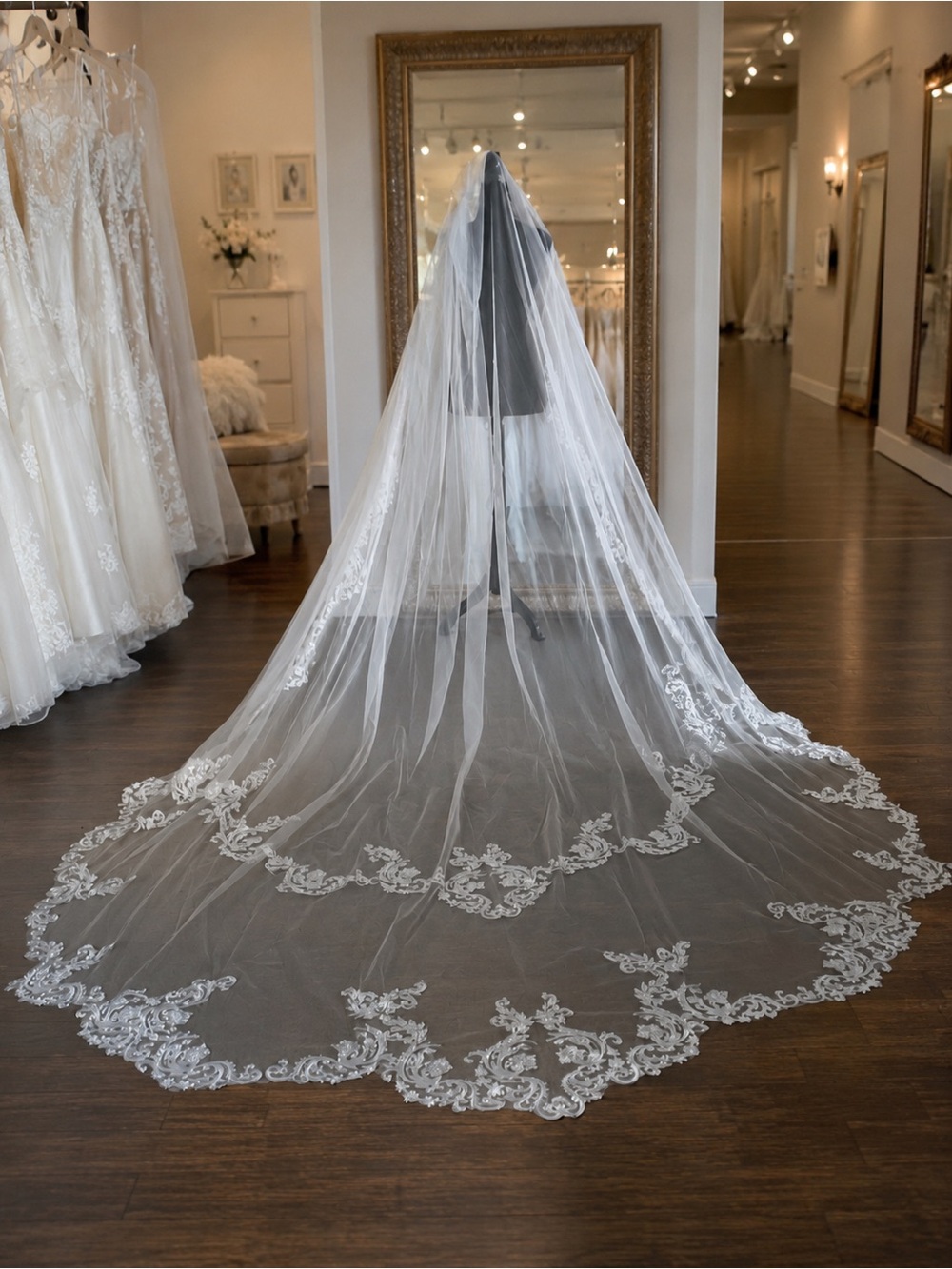 Embroidered Lace Edge Cathedral Veil in White